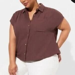 Torrid brown Double Gauze Button Up Short Sleeve Shirt Top Women's Size 1X